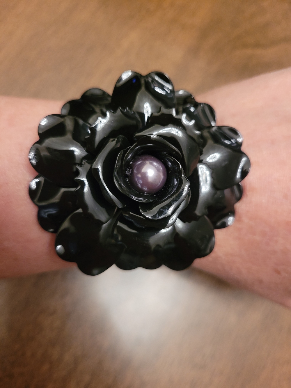 Black Enamel Flower Statement Bracelet with Gray Pearl Center